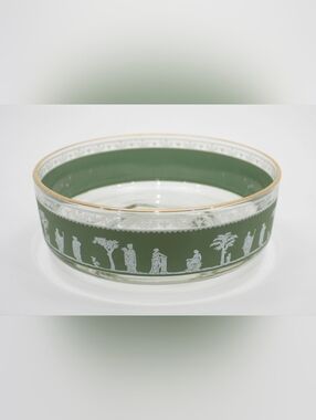 Vintage 60s/70s Janette Helenic Green Glass 7" Serving Bowl with Gold Rim